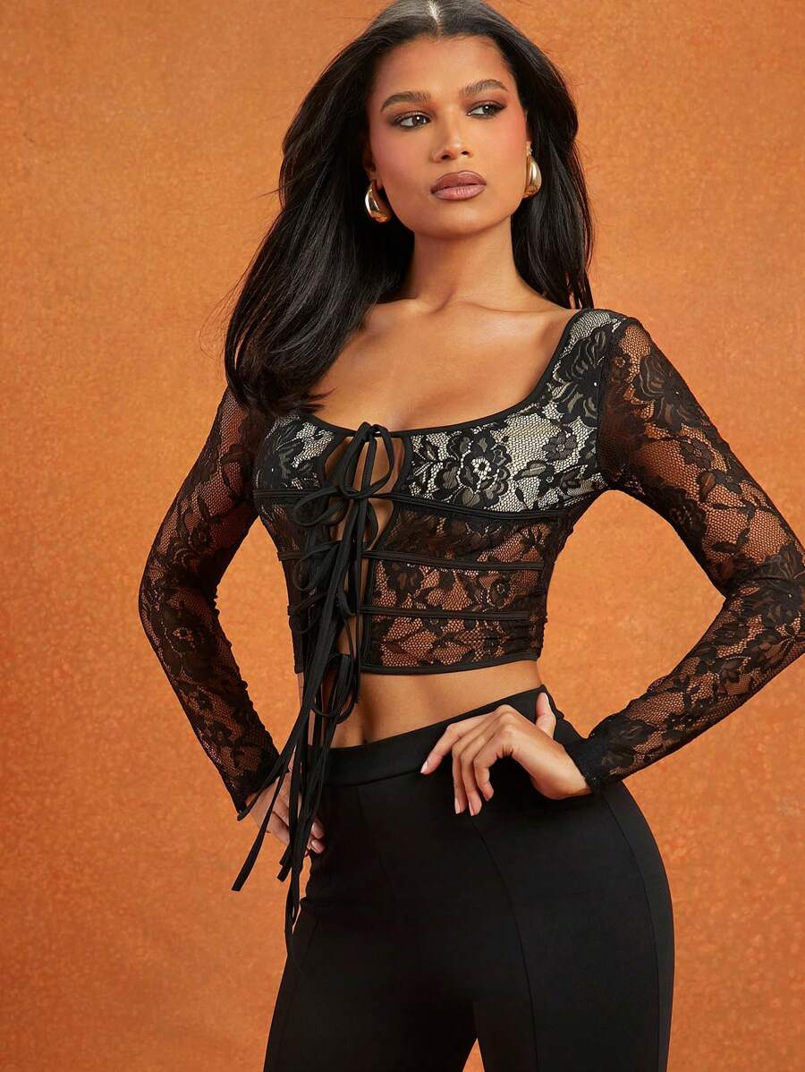Hauture Women Front Tie Long Sleeve Casual Slim Fit Top, Simple And Everyday Wear