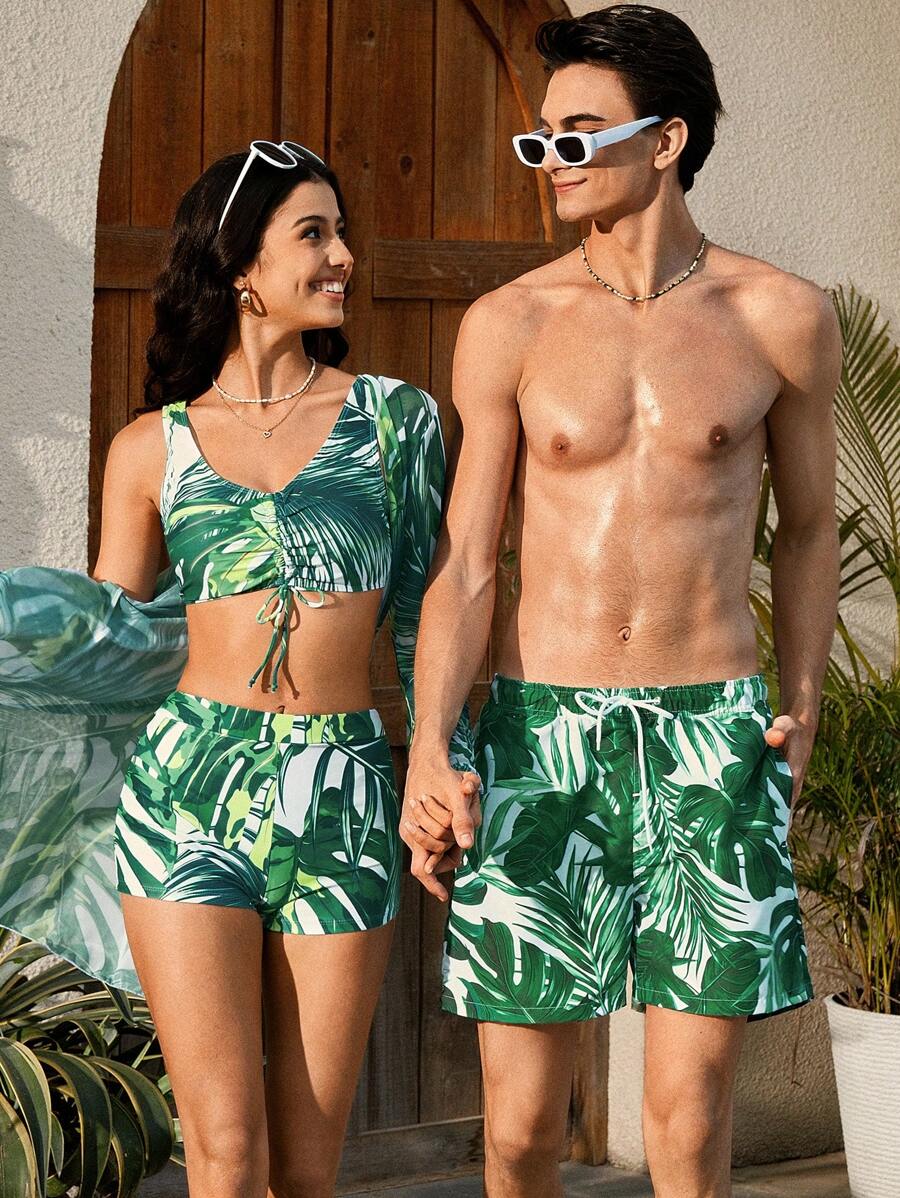 Manfinity VDAYZ Pantalones casuales de playa con bolsillo y cordón delantero estampados para hombres, estilo minimalista, hawaiano