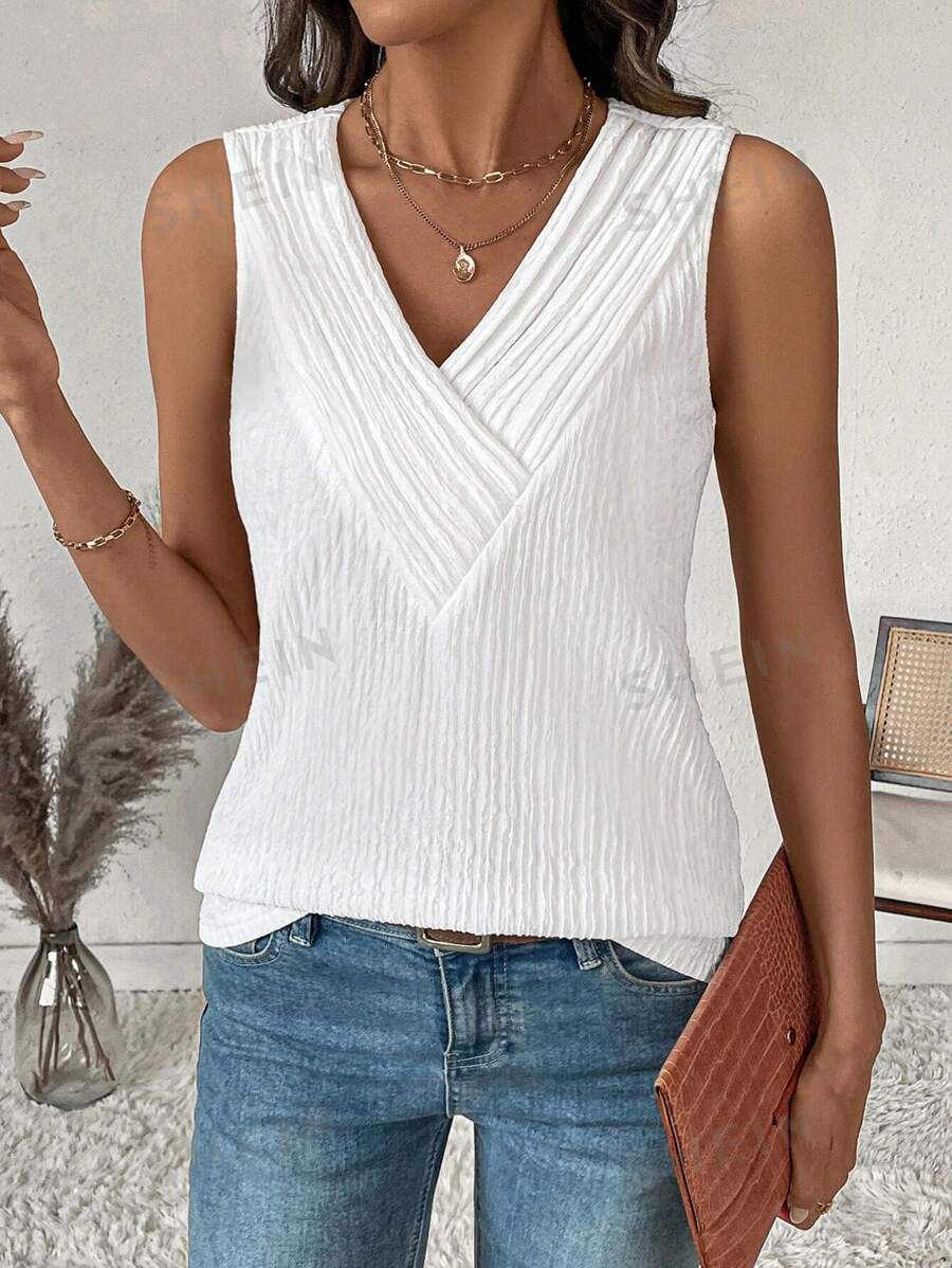 SHEIN LUNE Parte superior tipo tanque de mujer casual y suelta con cuello en V, de tela jacquard texturizada blanca, para primavera/verano