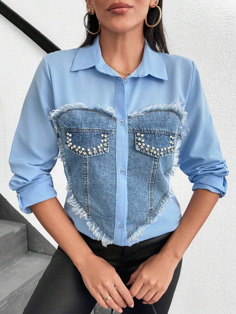 SHEIN Women Blouse With Denim Fabric Patchwork, Hear Shape, Diamond Embellishment, Open Placket