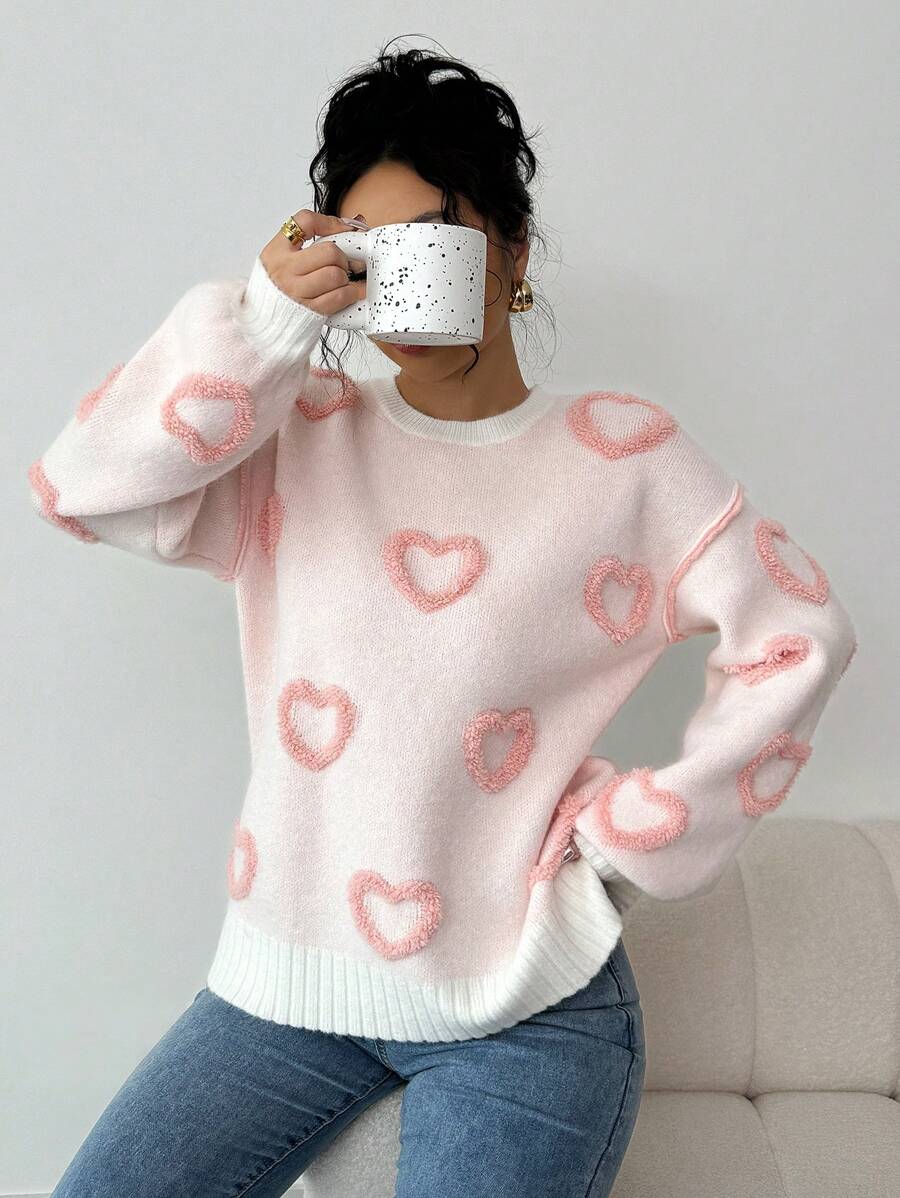 Chiquease Suéter de punto informal con gráfico de corazón rosa