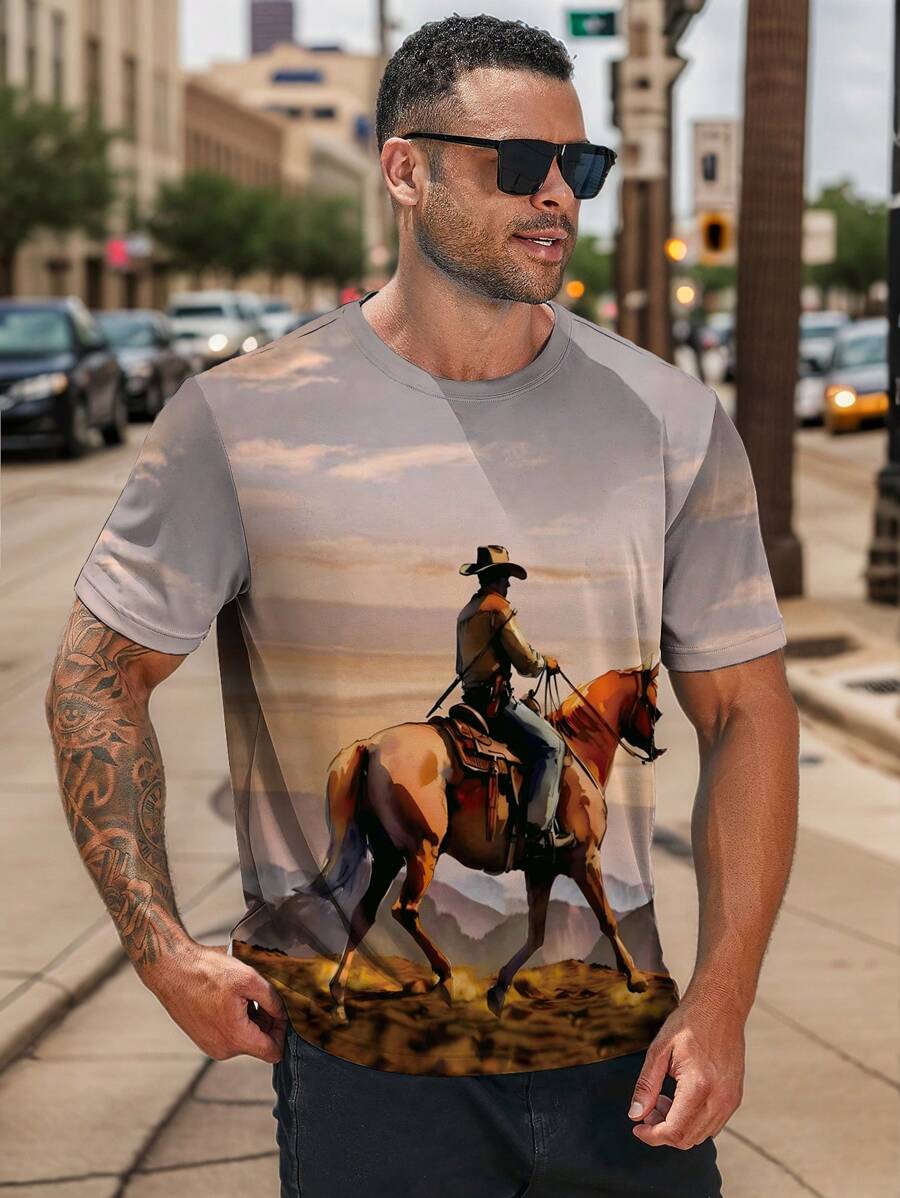 Manfinity LEGND Plus Size Heren Western Cowboy Print Korte Mouw T-shirt, Casual