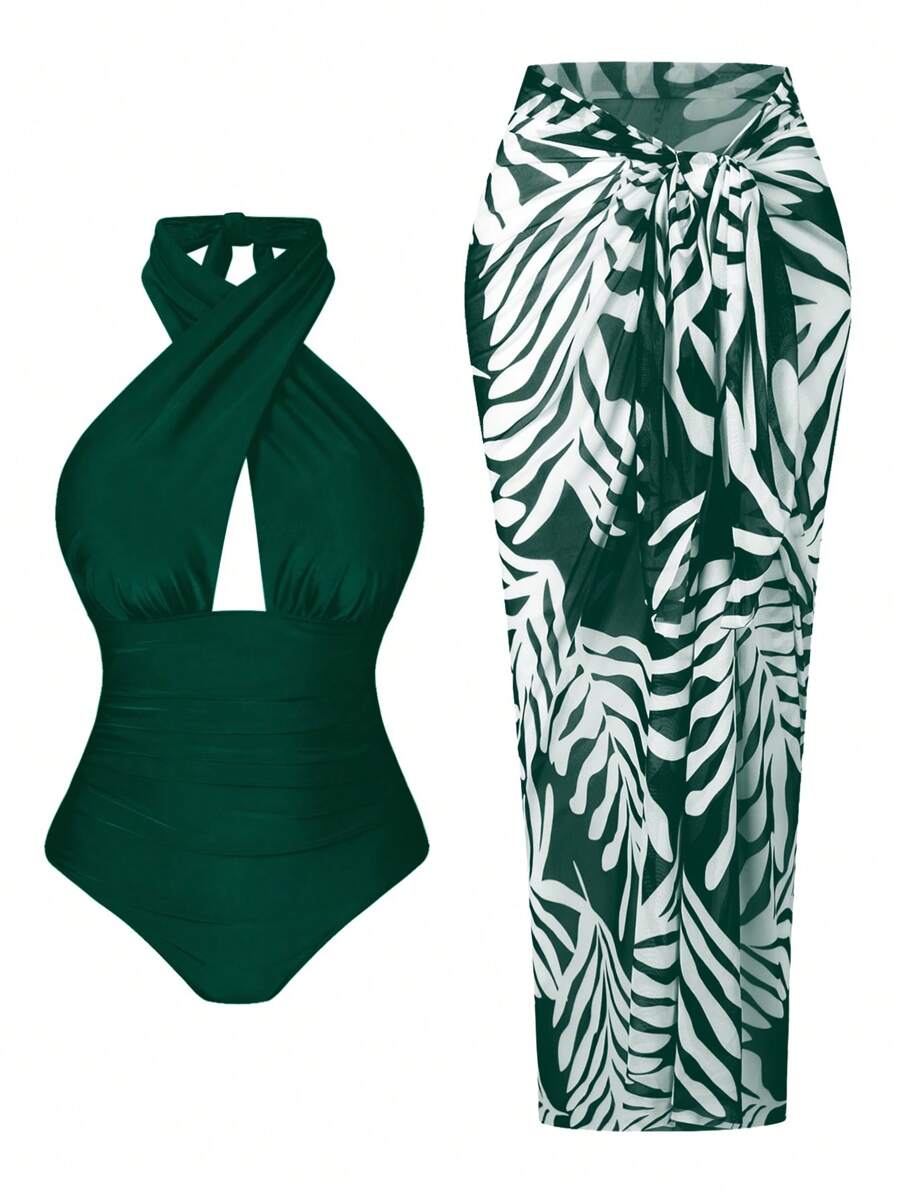 Swim Oasis Femme grande taille 2 pièces maillot de bain dos nu style col ras-du-cou avec jupe cache-maillot longue imprimée au hasard, ensemble tenue de plage d'été décontractée pour vacances