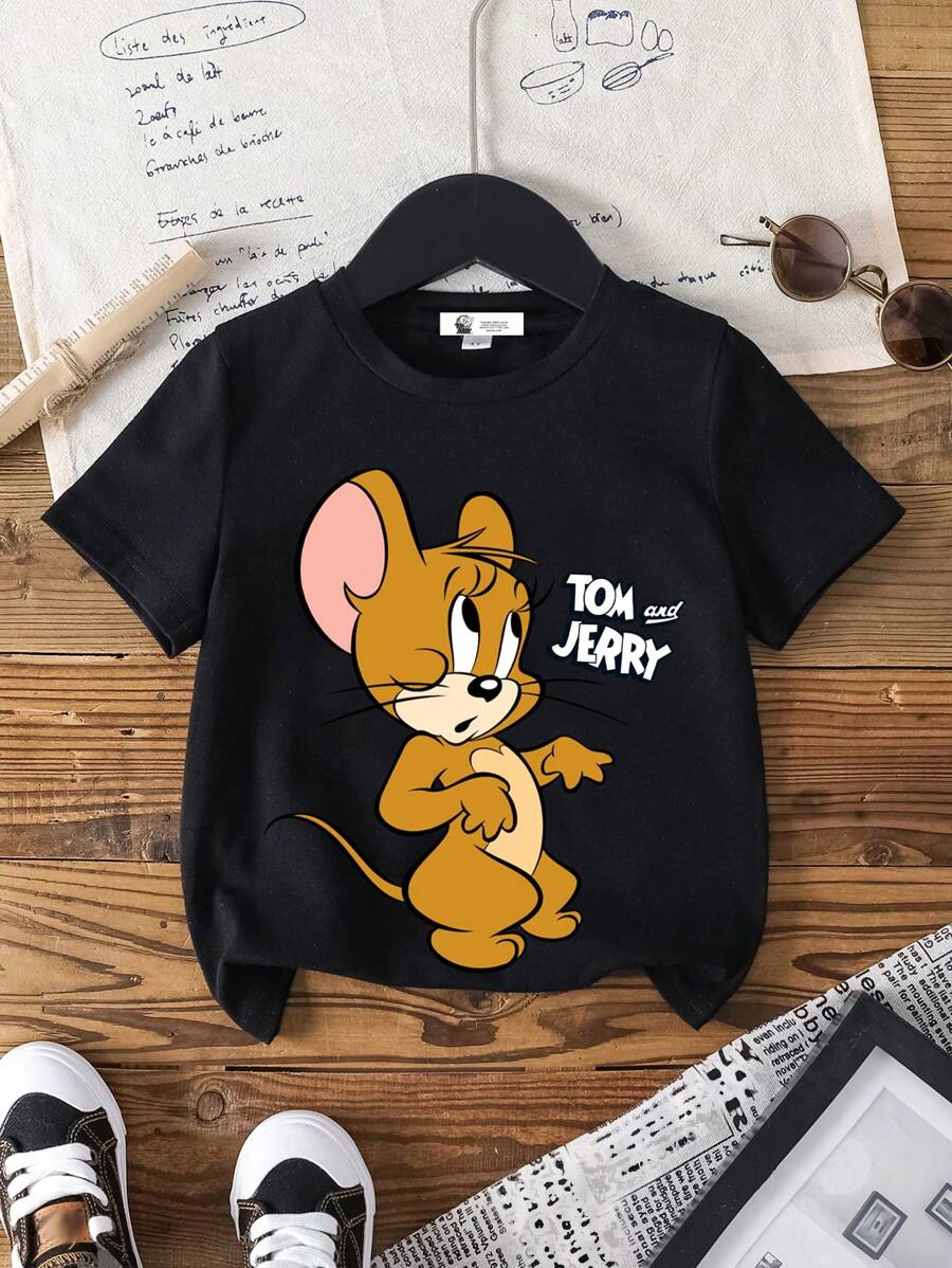 TOM & JERRY X SHEIN Young Girl Casual Cartoon Jerry Print Short Sleeve T-Shirt For Summer