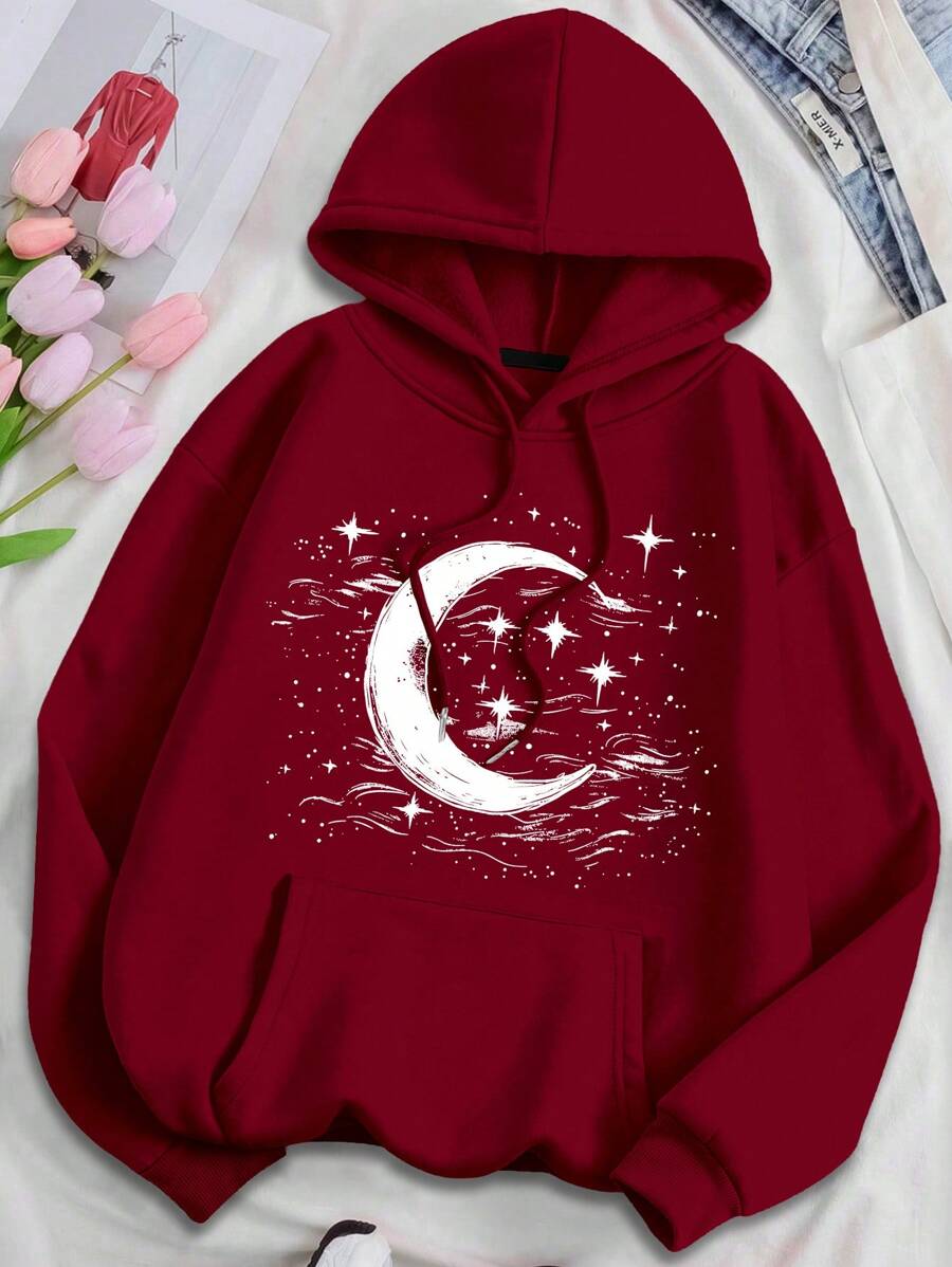 SHEIN EZwear Plus Size Plain Pocket Print Casual Hoodie