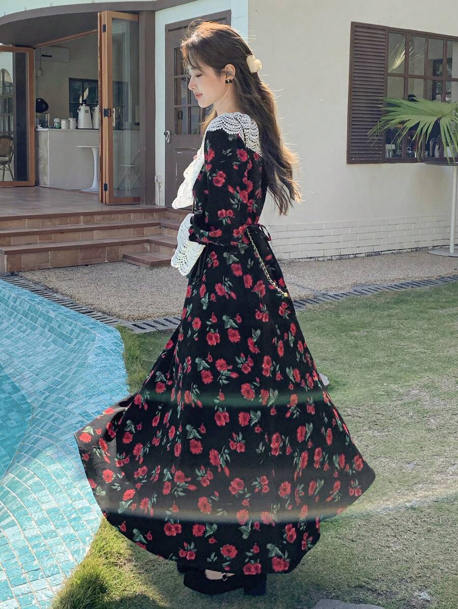 DAZY Women's Contrast Lace Multicolor Floral Midi Dress, Red, Suitable For Spring, Summer, Autumn