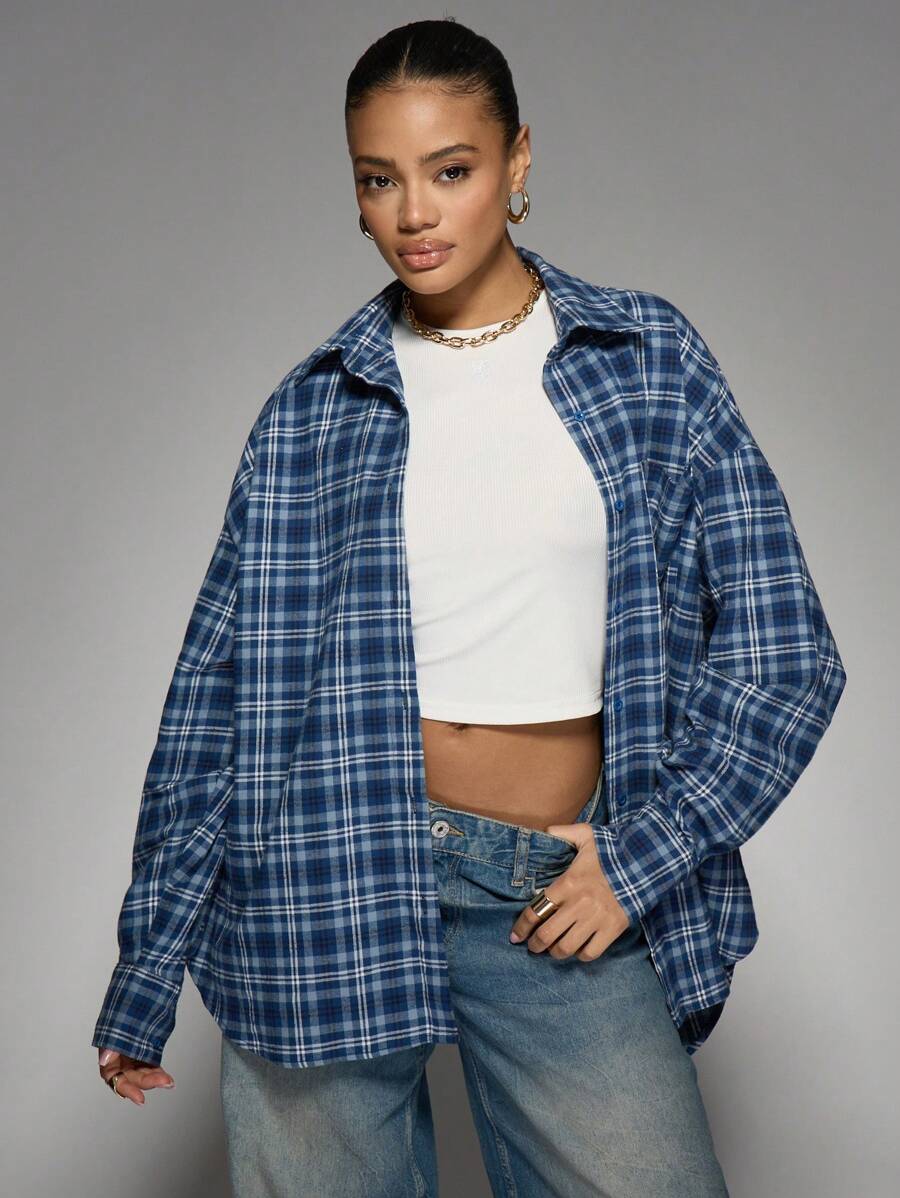 MISSGUIDED Oversized Plaid Button Down Shirt Long Sleeve Boyfriend Style Flannel Top Fall Winter Layering Piece Casual Streetwear Basic Collar Weekend Fashion