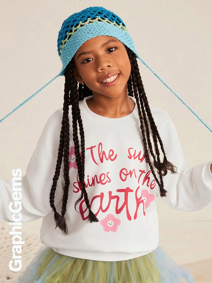 Tween Girl Slogan & Floral Print Round Neck Drop Shoulder Loose Casual Sweatshirt, Autumn/Winter