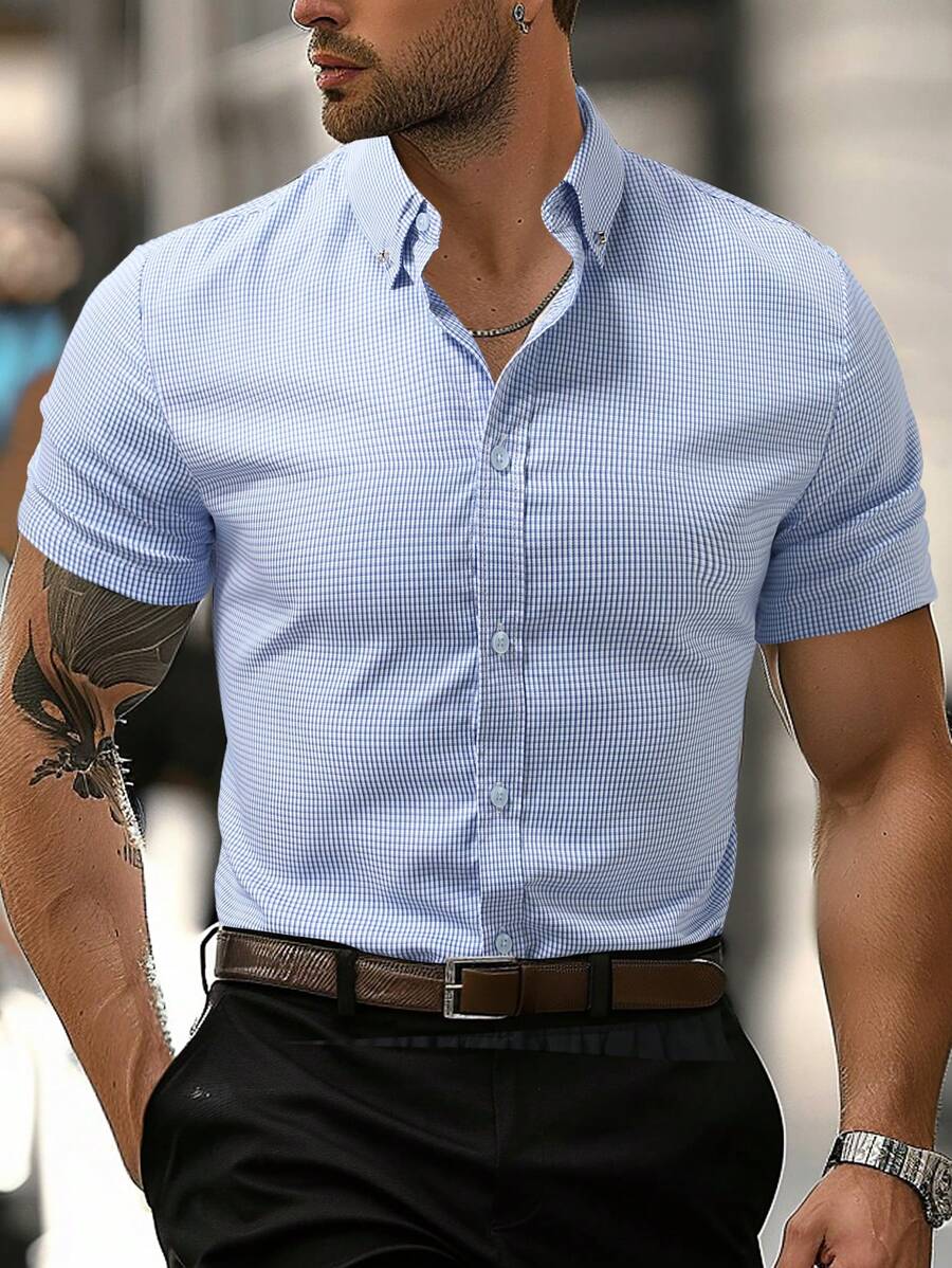Manfinity Mode Men's Plaid Front Button Short Sleeve Casual Top, Daily Wear
