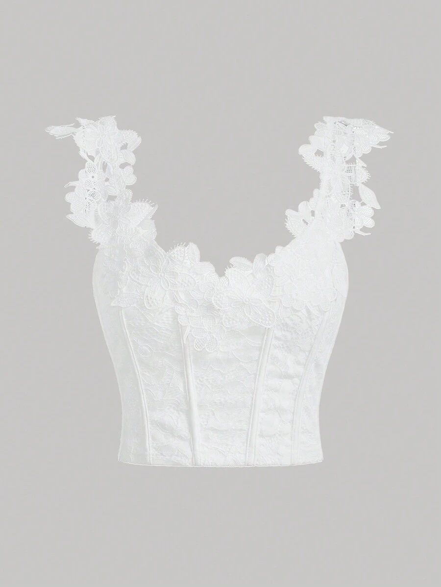 SHEIN Privé Elegant Romantic Date Night Sexy Party White Lace Trim Spaghetti Strap Lace Bralette Backless Cami Top Spring/Summer Fairycore