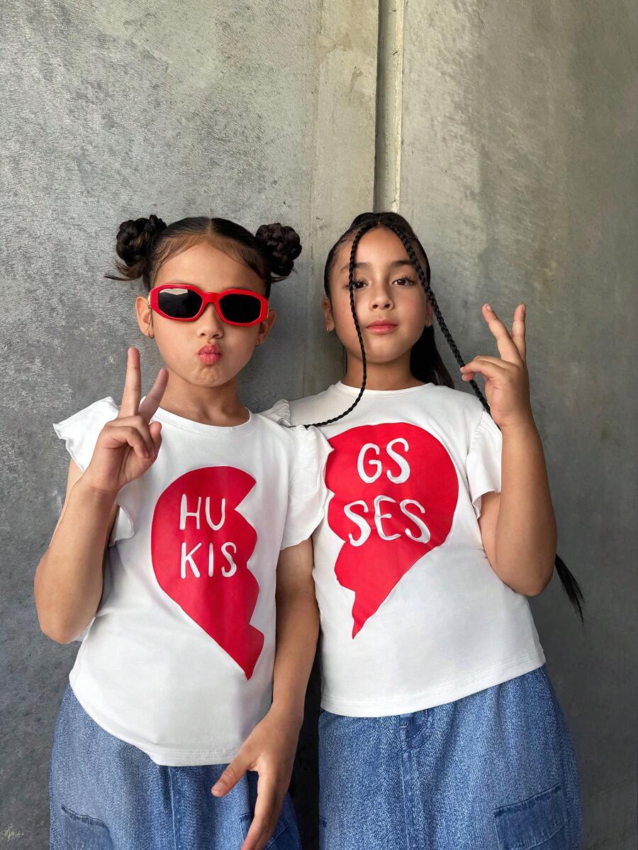 1 pieza Camiseta con gráfico de corazón y letras con dobladillo con volantes para niñas preadolescentes, diseño único y lindo, apto para el Día de San Valentín, la escuela, Año Nuevo, primavera/verano