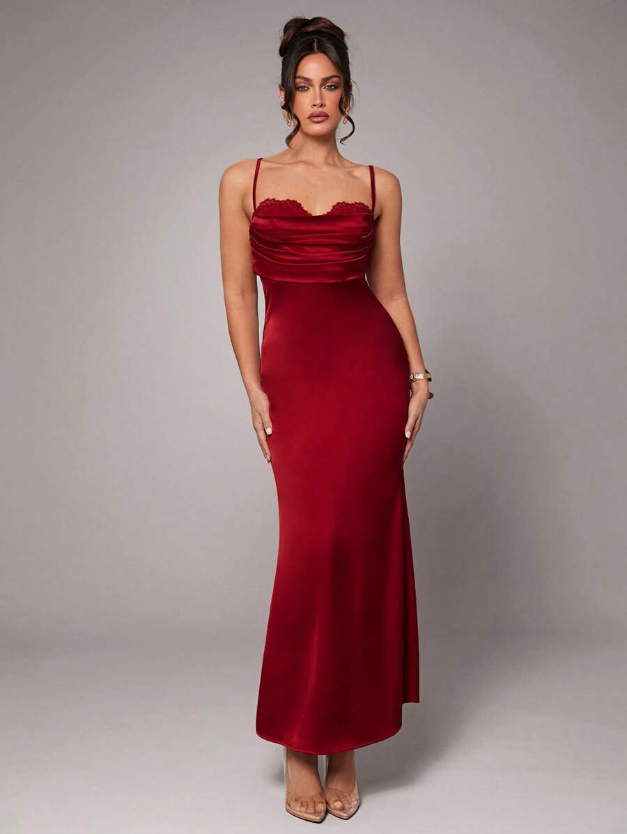 Silquee Women's Simple Elegant Party Solid Color High Quality Satin Spaghetti Strap Maxi Dress With Contrasting Lace, Suitable For Cocktail Parties, Romantic Dates, Formal Parties, Weddings, Bridesmaid Dresses, Evening Dresses, Daily Commute, Valentine's Day, Valentine's Day, Valentine's Day Dress , Girls Valentines Outfit, Burgundy Red Dress