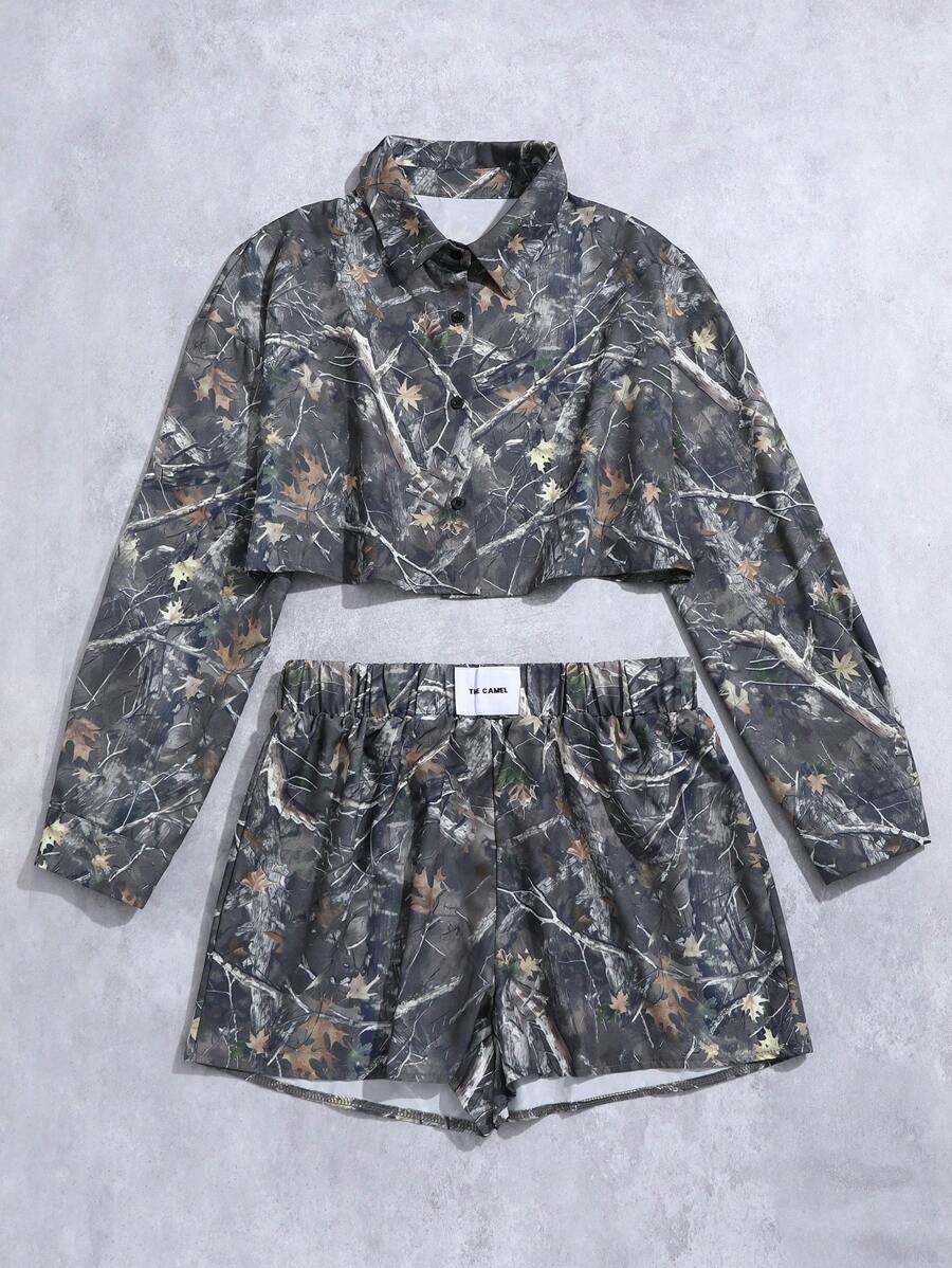 StreetHx 2 pièces Ensemble de chemises à manches longues avec imprimé de feuilles et de fleurs d'automne pour femmes