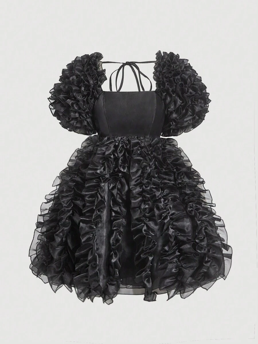 SHEIN MOD Women Elegant Black Ruffle Trim Organza Mini Dress, Dresses For Women, Dresses For Women Elegant, Dresses For Women Party, Corset Dress, Graduation Dress, New Year Party Dress, Going Out Dress, Vintage Dress, Goth Dress, Dress Madrinha De Casamento
