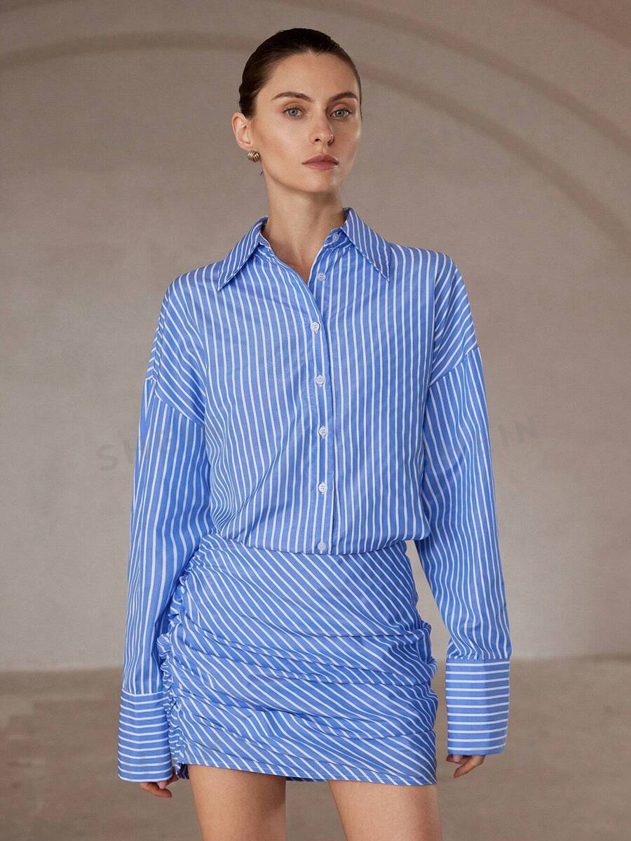 Aveloria Modichic Vestido mini ajustado con botones y cuello de solapa a rayas, diseño entallado para commuting