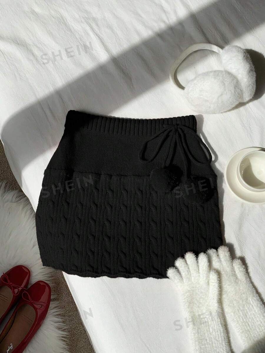 Comfortcana Falda de suéter con cordón en la cintura de unicolor, casual para otoño/invierno