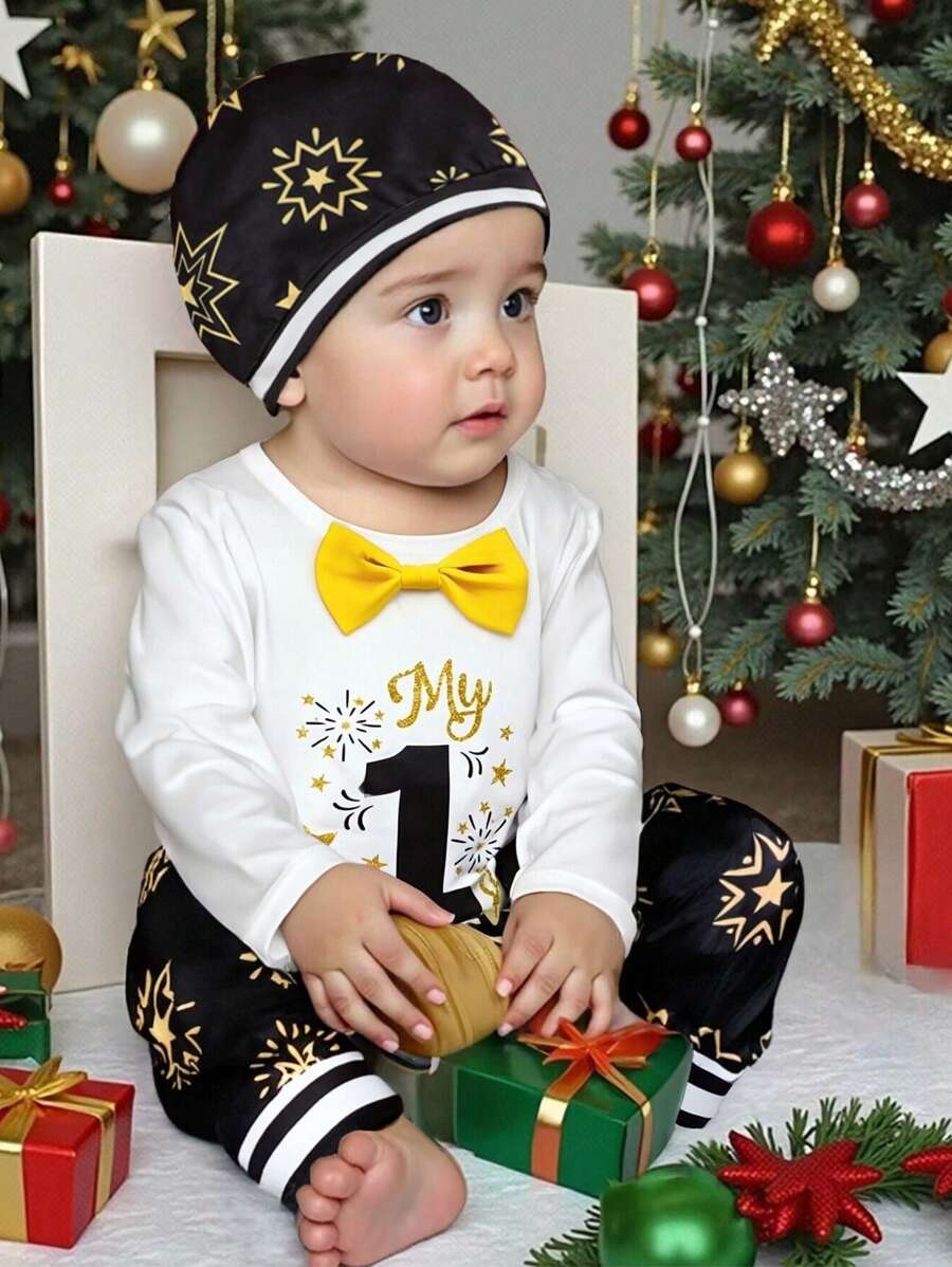1st New Year 3pcs/Set Baby Boy Bodysuit, Pants, Hat, Holiday Festive Color-Blocking & Pattern, White With Black & Gold