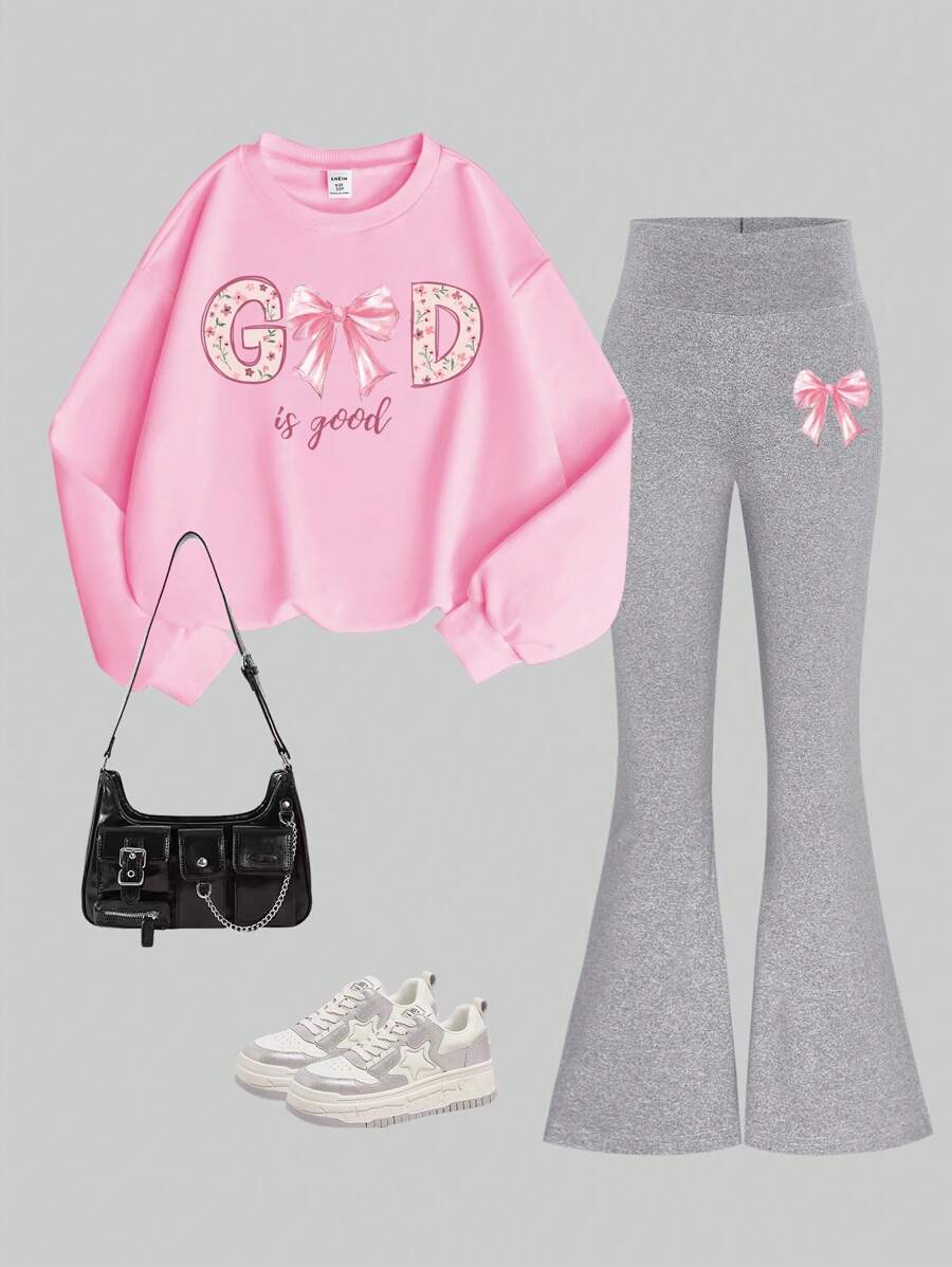 Conjunto de 2 piezas para niña preadolescente que incluye sudadera con cuello redondo con estampado de arco e impresión floral "Dios es bueno" y pantalones acampanados de cintura alta con estampado de arco