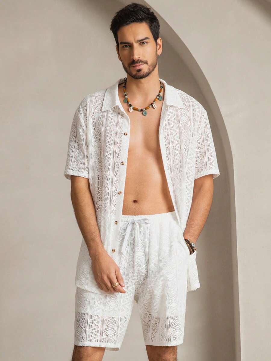 Manfinity ModaGents 2pcs Men's Casual Loose Woven Short Sleeve Shirt And Elastic Waist Straight Leg Shorts Set