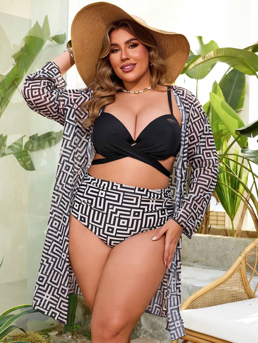 SHEIN Swim Curve Conjunto de 3 piezas de traje de baño para mujer de talla grande: Top de bikini con estampado geométrico y rayas con aros, Bottom a juego, y cubre todo de manga larga holgado para playa y vacaciones de verano