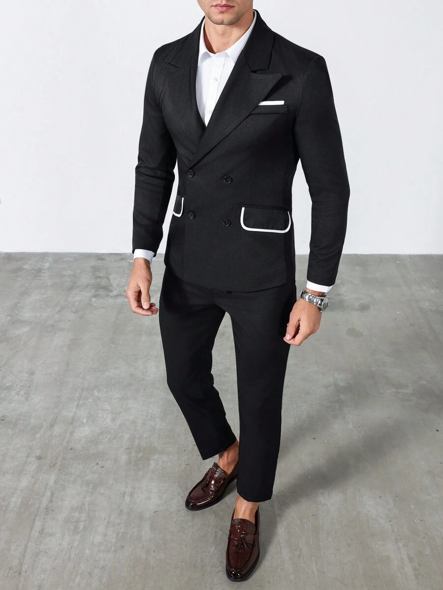 Manfinity Bizformal Completo casual da uomo in tinta unita con patchwork, giacca a maniche lunghe con bottoni davanti e pantaloni, abito da uomo, outfit da matrimonio per uomo, abito formale da uomo