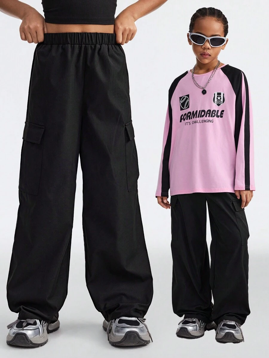 SHEIN Pantalones cargo negros lisos y cómodos para niñas preadolescentes en primavera/verano