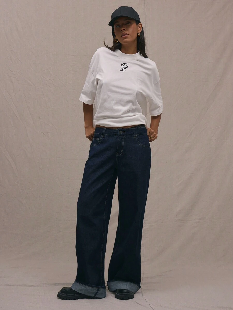 MUSERA Roll Over Hem Wide Leg Jeans, Spring 90's Y2k