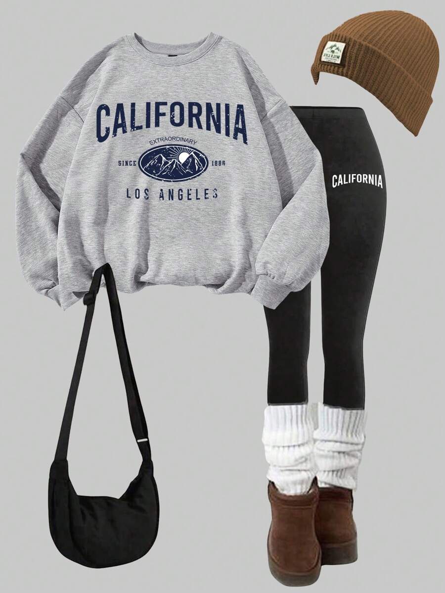 Slaydiva 2pcs/Set Casual California Sunrise Graphic Loose Fit Crew Neck Sweatshirt And Skinny Leggings, Suitable For Spring And Autumn, Winter Clothes