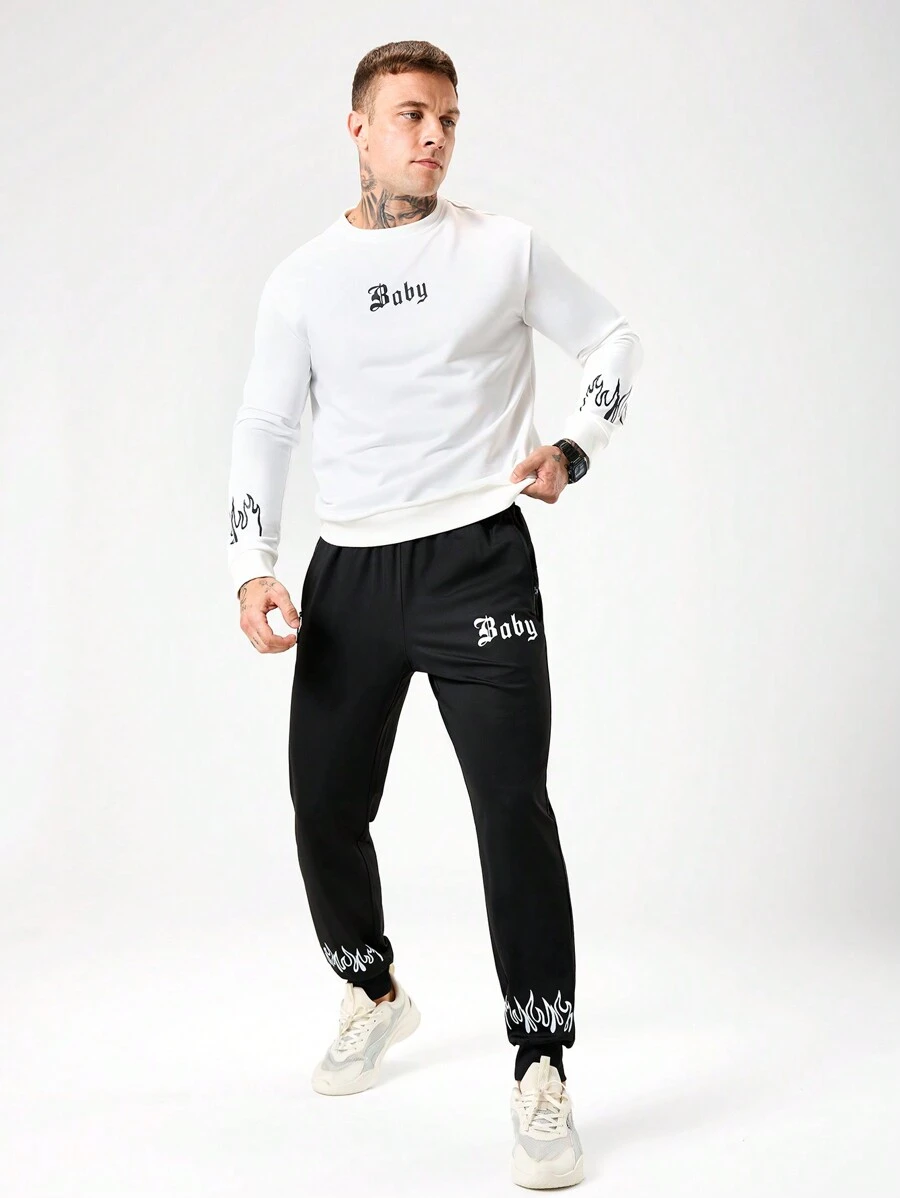 Manfinity Sport Corelite Men's Letter Print Crew Neck Long Sleeve T-Shirt And Pants Sports Suit