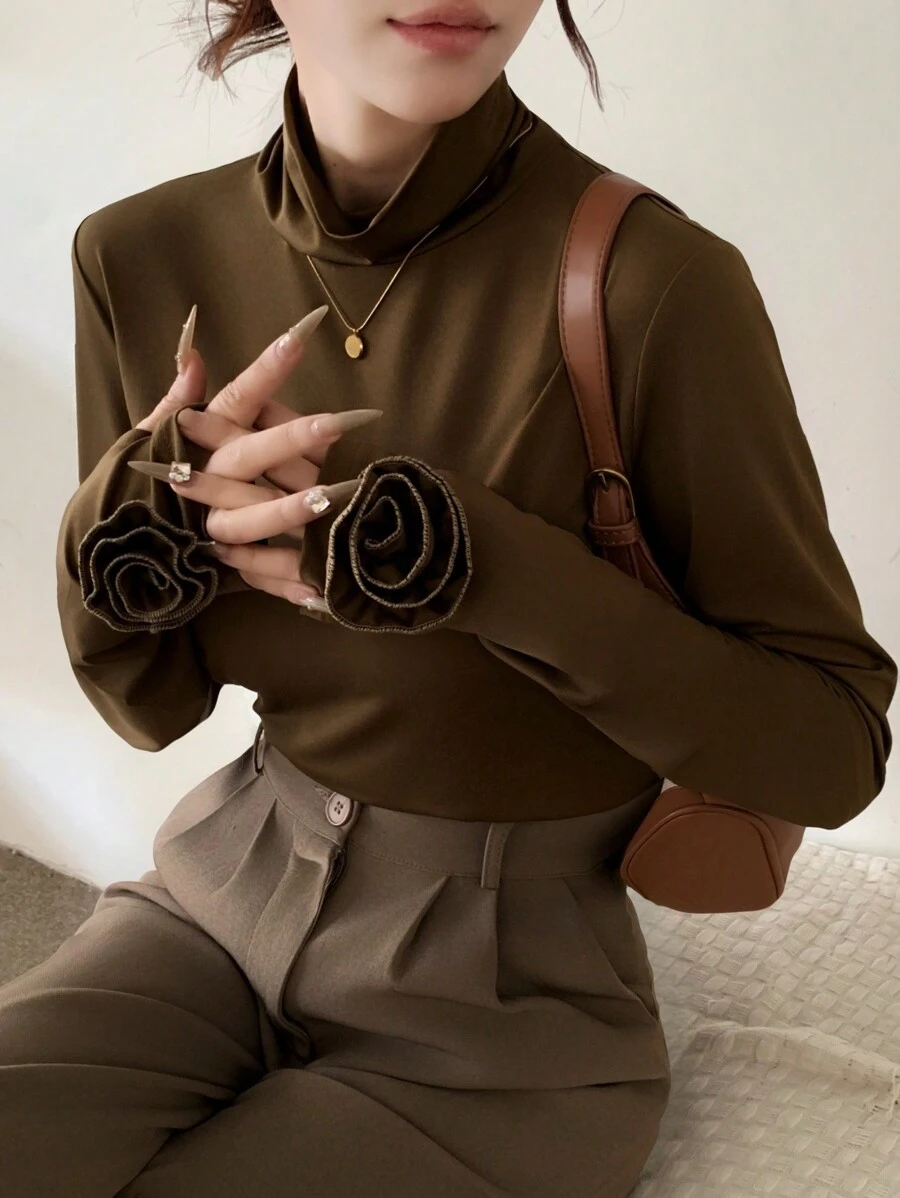 SHEIN Unity Women Solid Color Stand Collar Long Sleeve T-Shirt With 3D Floral Decoration, Casual Basic Top