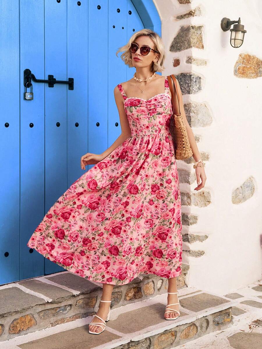 Vivid Eden Printed Backless Drawstring Strap Women's Vacation Dress