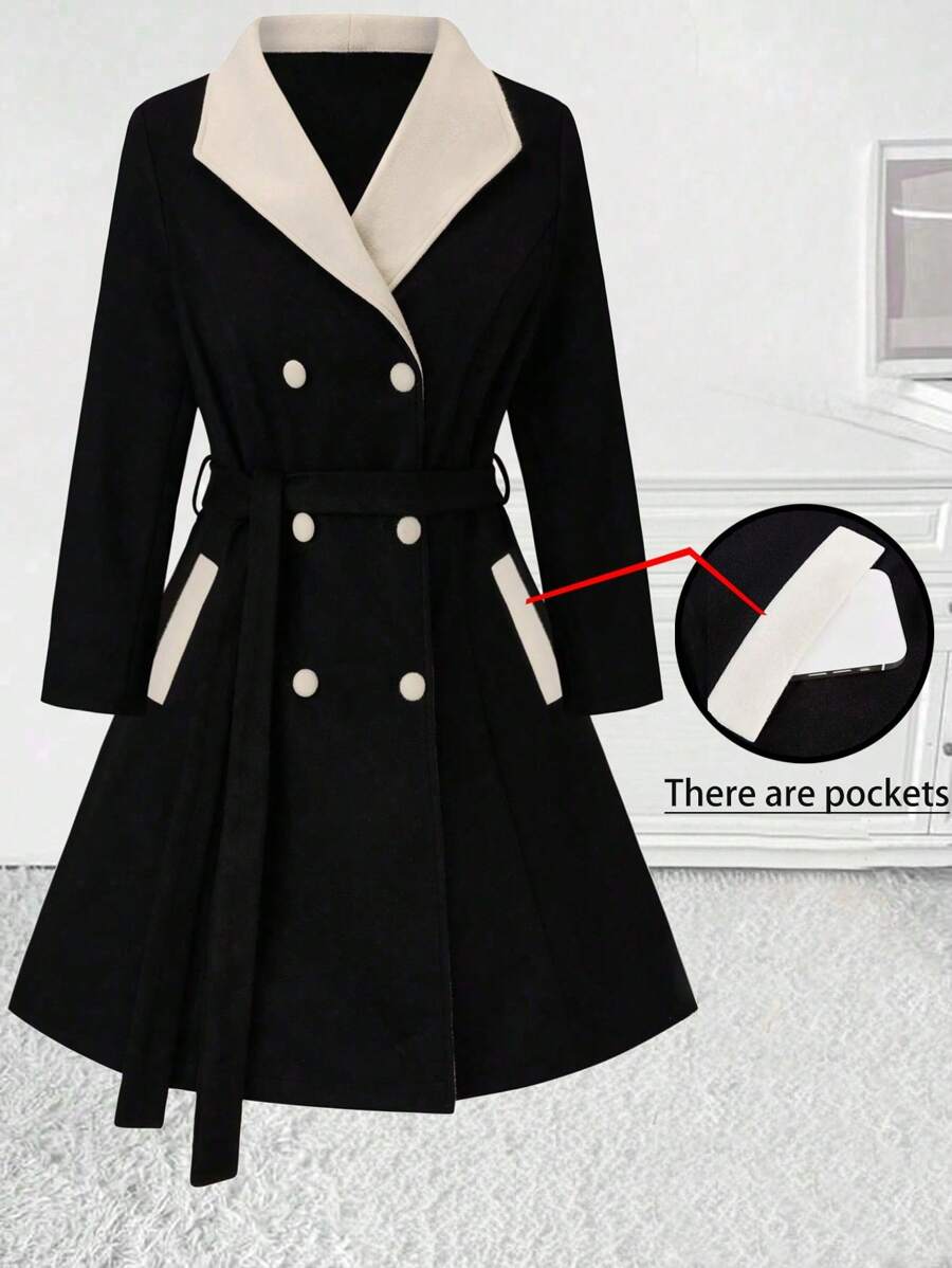 SHEIN Clasi Plus Size Autumn Winter Casual Contrast Color Lapel Double-Breasted Overcoat