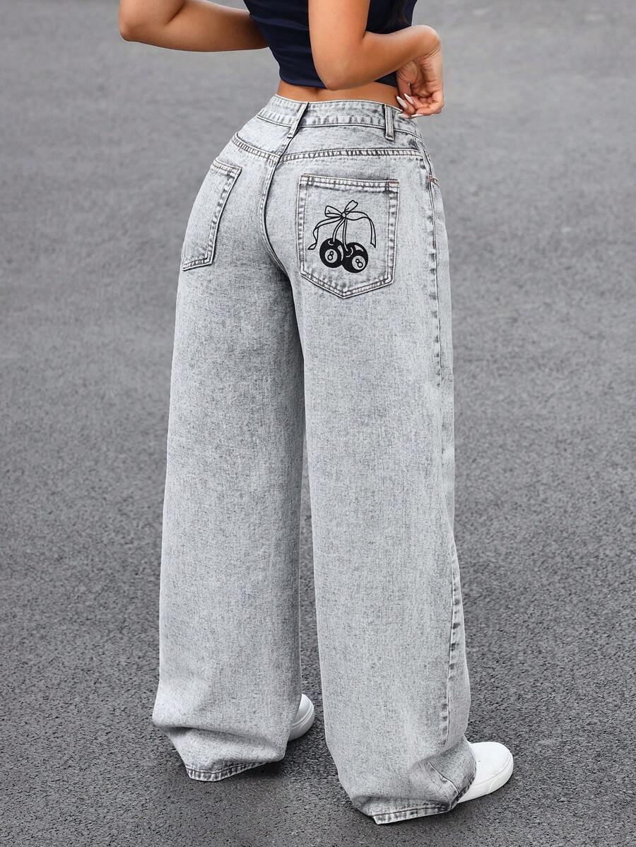 SHEIN EZwear Women's Cherry Print Button Front Pockets Casual Denim Jeans