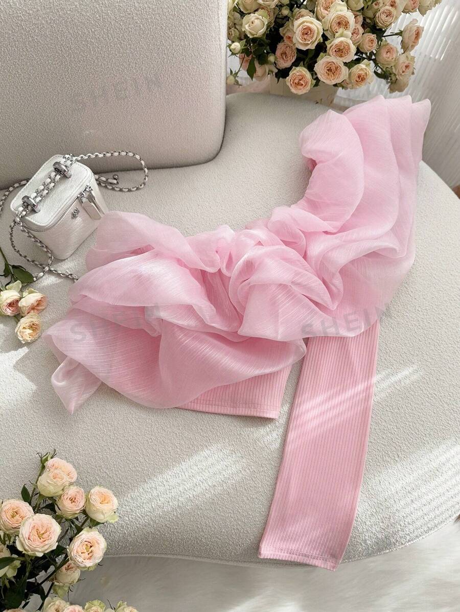 SHEIN Frenchy Blusa versátil talla grande para el trabajo, resort, té de la tarde, cita, concierto, fiesta, con estilo académico retro de moda INS para la playa, cuello de volantes voluminoso, cuello corto ajustado y asimétrico, manga larga, color rosa, adecuada para el Día de San Valentín