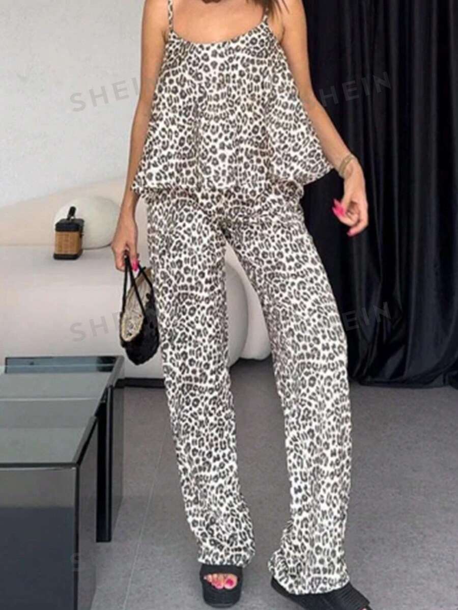 INAWLY 2 piezas Conjunto de camiseta de tirantes y pantalones de estampado de leopardo casual para mujer