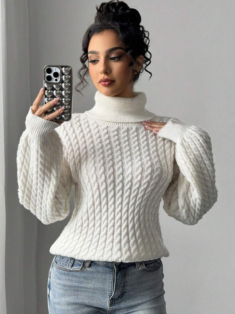 Firerie Elegant Casual Warm Beige High Neck Cable Knit Sweater, Autumn/Winter New Style