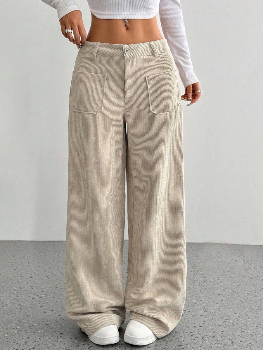 Flirla Pantalones rectos sueltos simples de pana con botones delanteros y bolsillos de unicolor