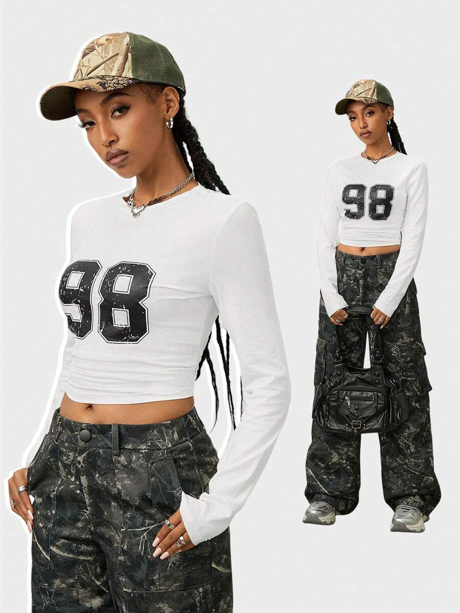 SHEIN EZwear Camiseta de manga larga informal de punto con número, estilo Y2K para mujer
