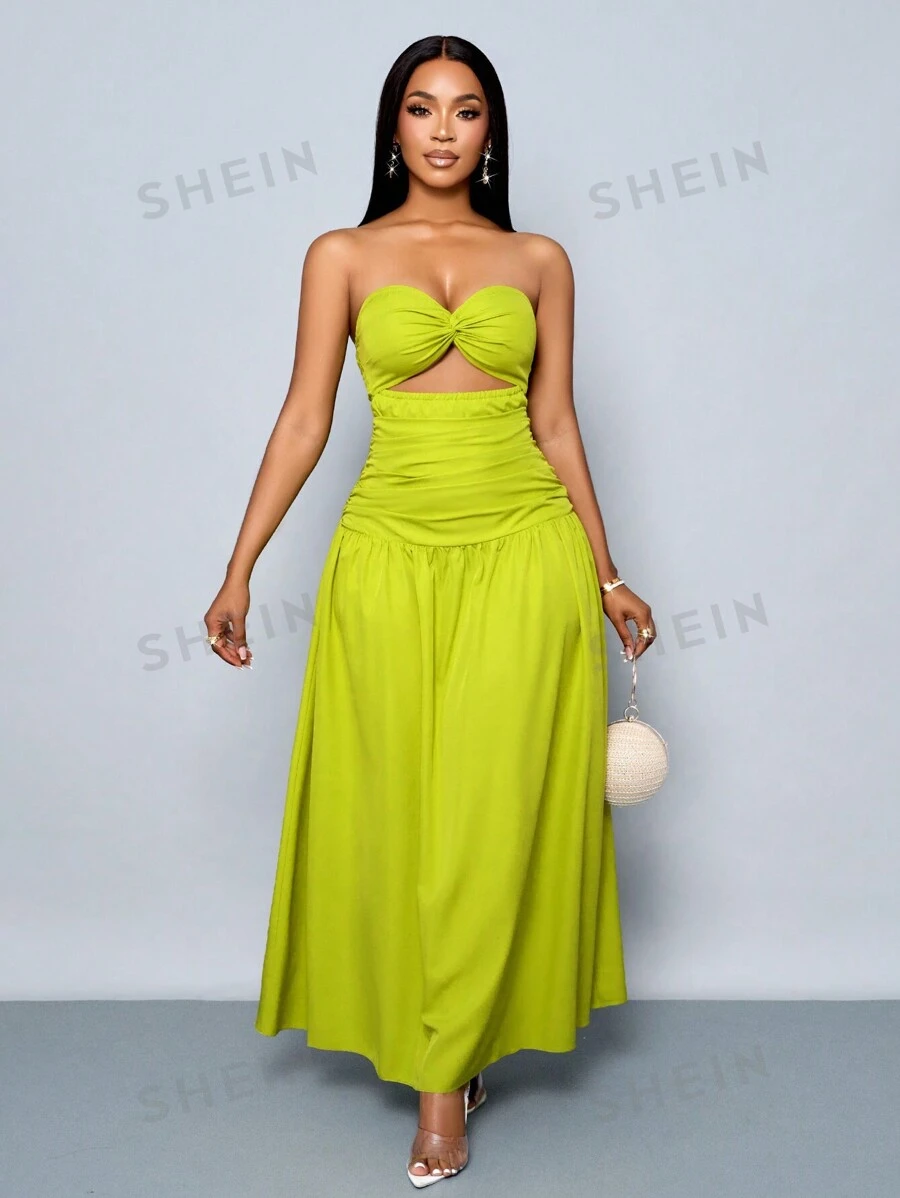 SOLERSUN Vestido largo de tubo fruncido con detalle delantero retorcido, de unicolor, para vacaciones en la playa, para mujer, primavera/verano