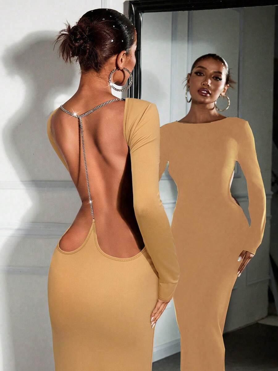 SHEIN SXY Women's Round Neck Long Sleeve Backless Rhinestone Chain Sexy Mini Dress