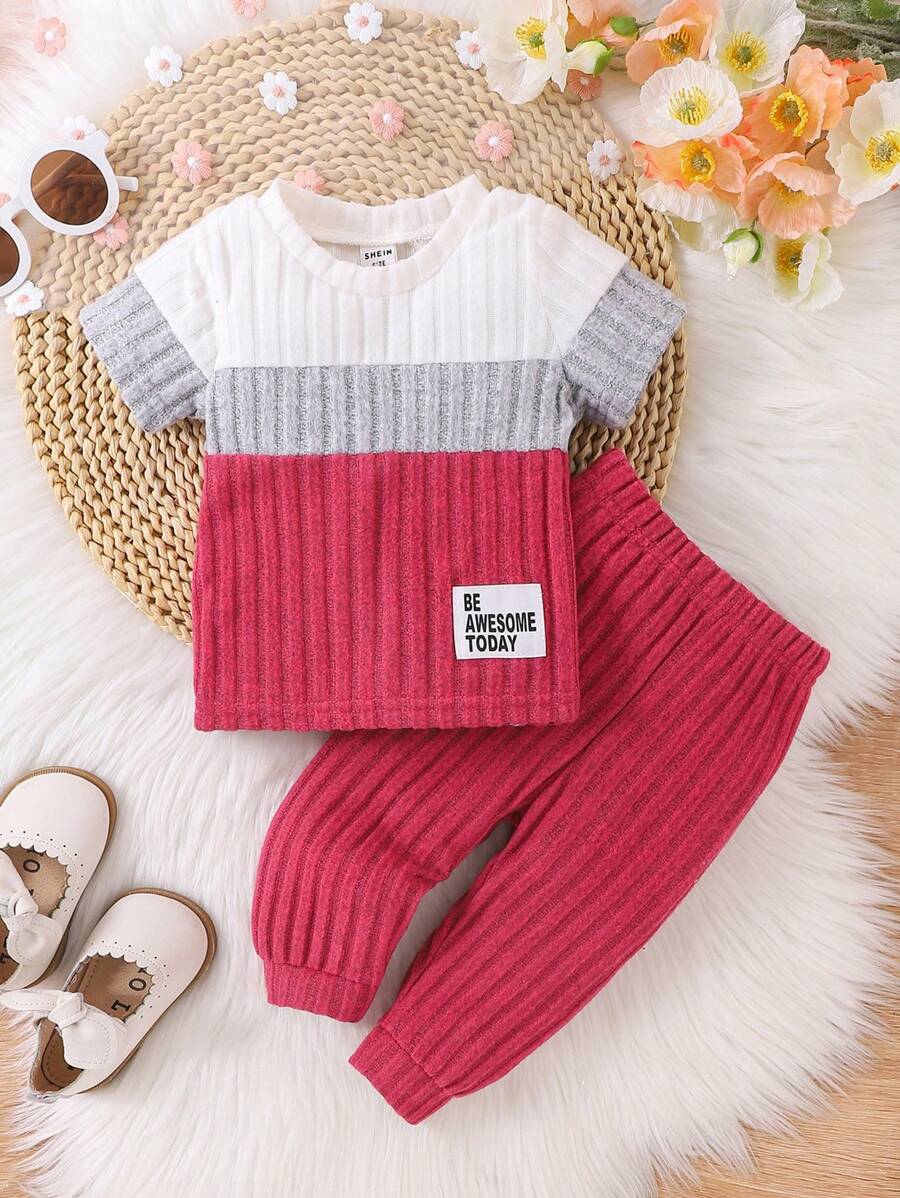 SHEIN Babymeisje Zomer Nieuwe Ronde Hals Korte Mouw T-shirt + Broek 2 Stuks Casual & Stijlvolle Set