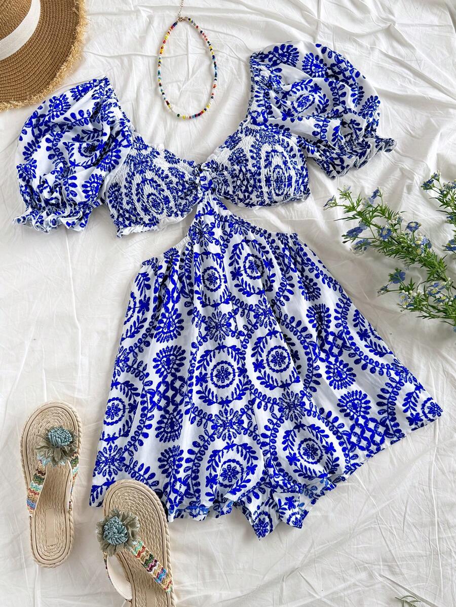 Soleia Dames Zomervakantie Losse Blauwe En Witte Print Rugloze Halter Jumpsuit Met Zij-uitsparing, Geschikt Voor Feest, Date, Afternoon Tea, Pasen, Festival, Strand, Cruise