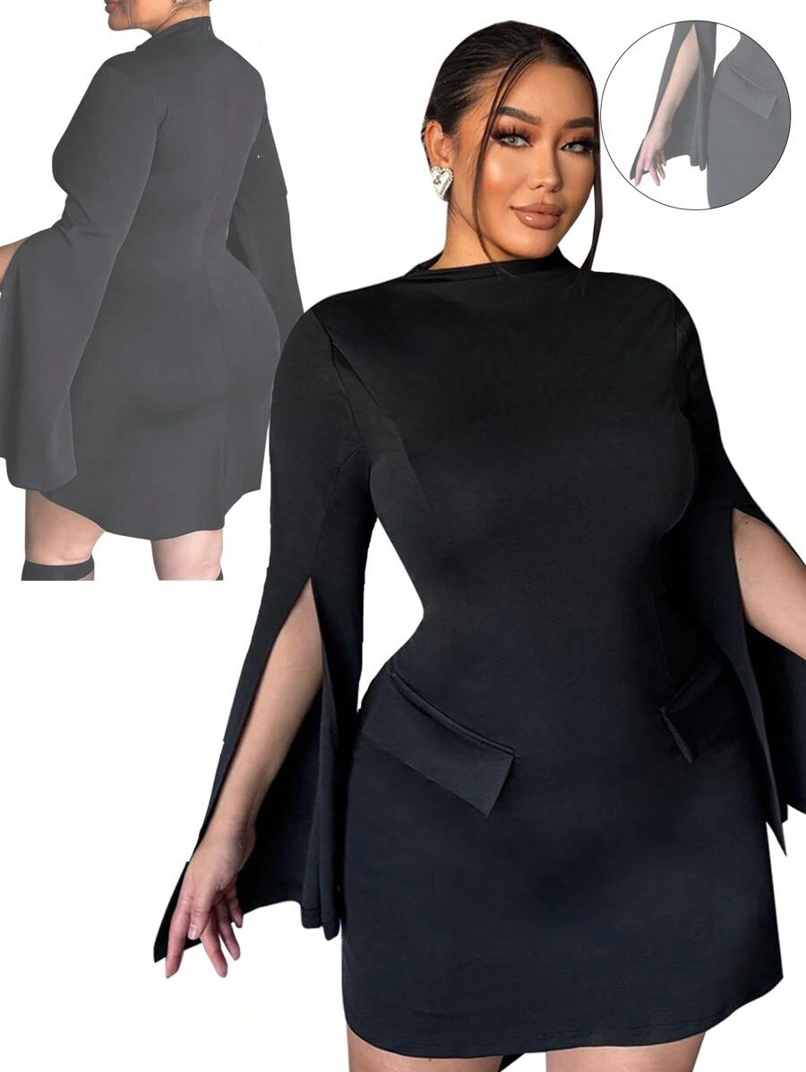 SHEIN Essnce Plus Size Vintage Fitted Long Sleeve Off Shoulder Midi Dress, Spring/Summer