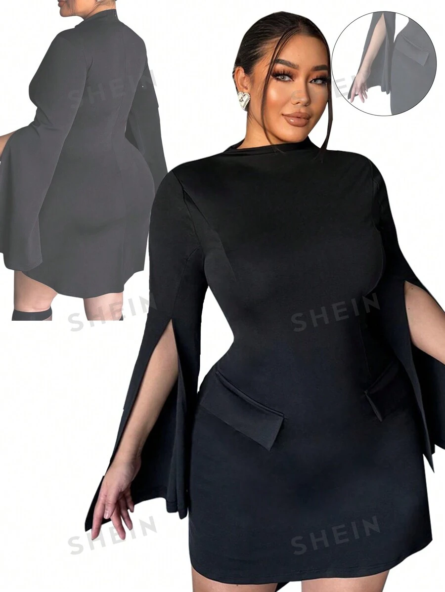 SHEIN Essnce Vestido midi de manga larga y hombros descubiertos con corte ceñido en talla grande, para primavera/verano