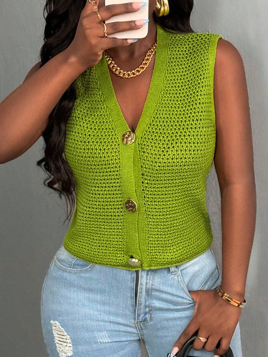 BamGleam New Green Metal Big Button V-Neck Sweater Vest, Hollow Out Cardigan For Casual Outdoor Wear, Sexy Minimalist Knit Vest, Suitable For Autumn/Winter/Spring