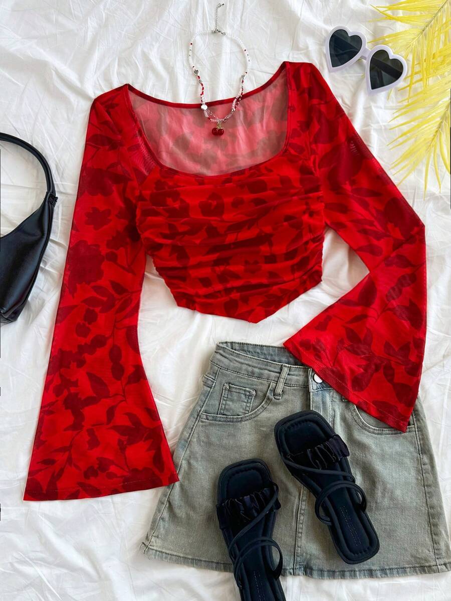 Soleia Women's Vacation Knit Mesh Red Cutout Floral Print Square Neck Long Flare Sleeve Fitted Cute T-Shirt, Suitable For Party, Valentine's Day, Date, Chinese New Year, Carnival, Easter, Afternoon Tea