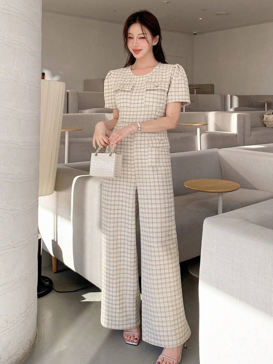 DAZY Combinaison-pantalon élégante à manches bouffantes, décor de poche et jambes larges pour femmes