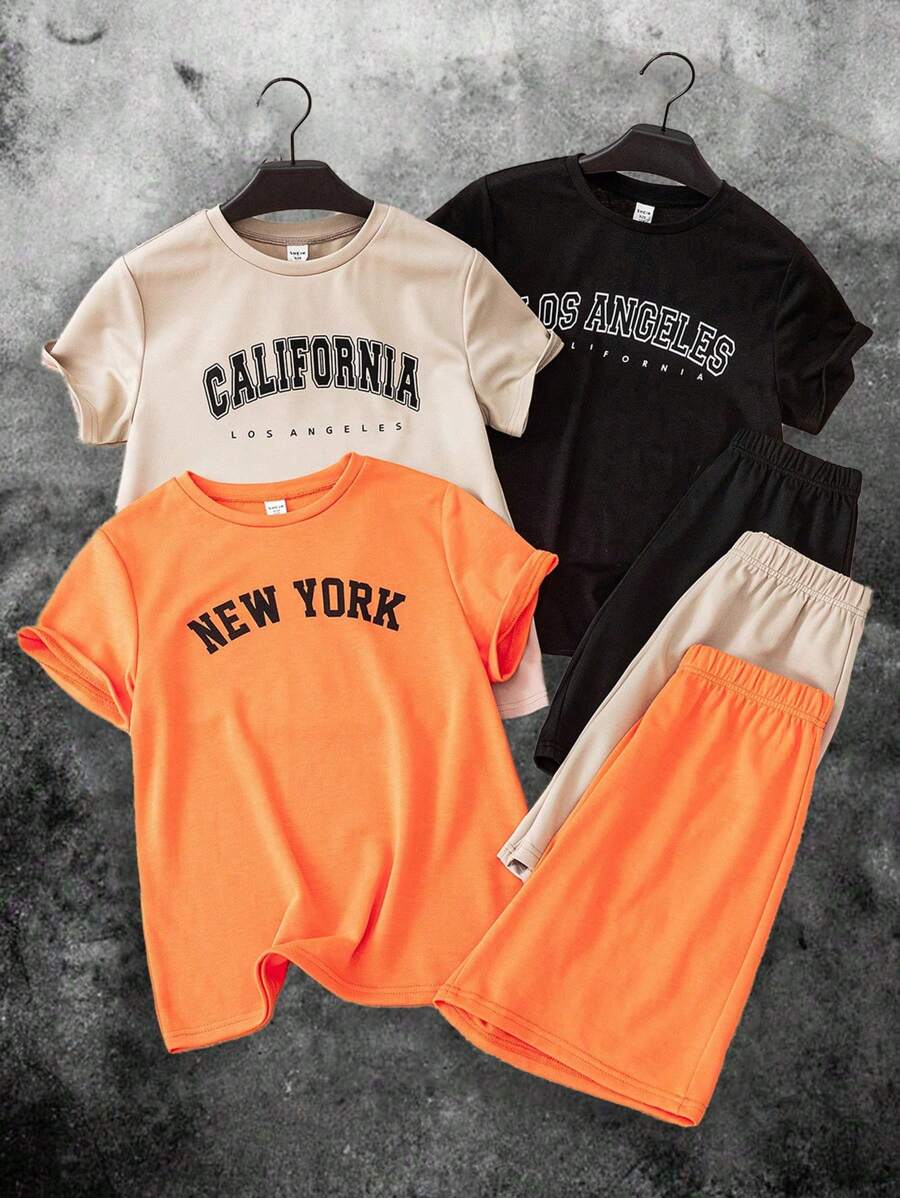 Buy 4 Get 2 Free, 6pcs/Set Tween Boy Casual Solid Color Letter Graphic Short Sleeve Crew Neck T-Shirt And Elastic Waist Shorts Clothes Set, Suitable For Autumn, Spring, Summer, Suitable For Outdoor Play, School, Street Style, Parties And Home Leisure, High Cost-Performance