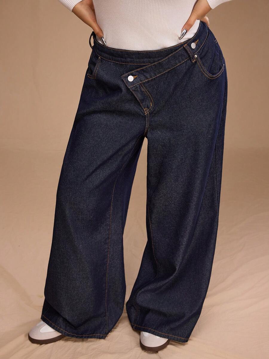 Forever 21 Plus Size Women Asymmetric Waist Pockets Wide Leg Loose Casual Jeans