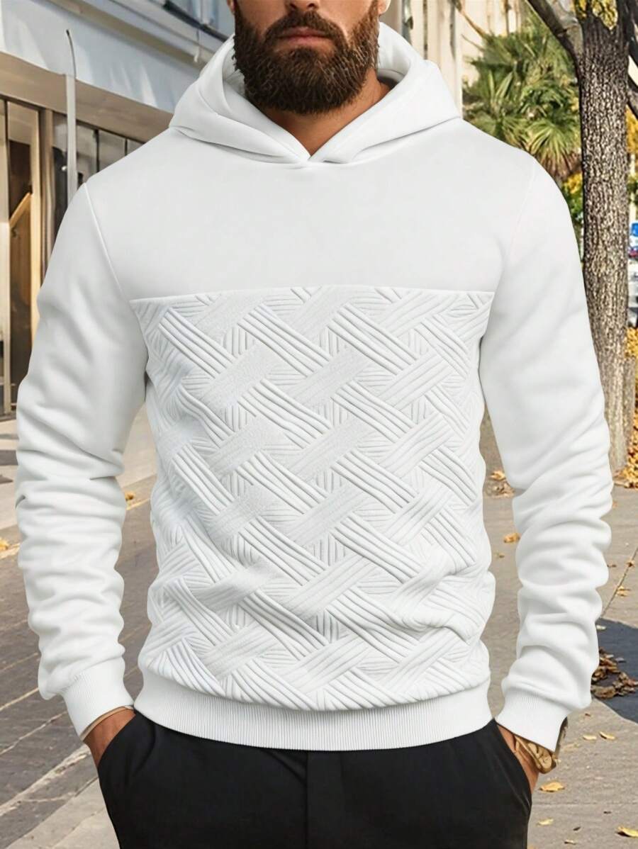 Manfinity Homme Men's Solid Color Long Sleeve Hooded Casual Sweatshirt, White Hoodie, Autumn/Winter